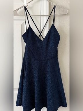 Lovely Day Navy Blue Glitter Spaghetti Strap Skater Dress